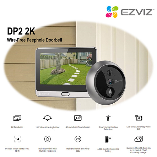 Ezviz 螢石 2K Wire-Free Peephole Doorbell 觸控面板智能貓眼攝像頭+門鈴 DP2-2K