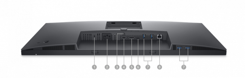 Dell P2723QE 顯示器的圖片，螢幕朝下，並在產品下方用數字 1 到 8 標示出本產品可用的連接埠數量。