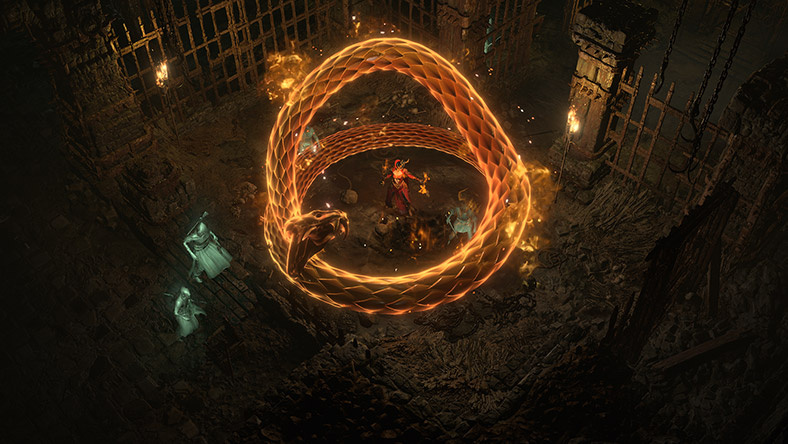 《暗黑破壞神》中的角色召喚巨蛇來對付地城中的惡魔。