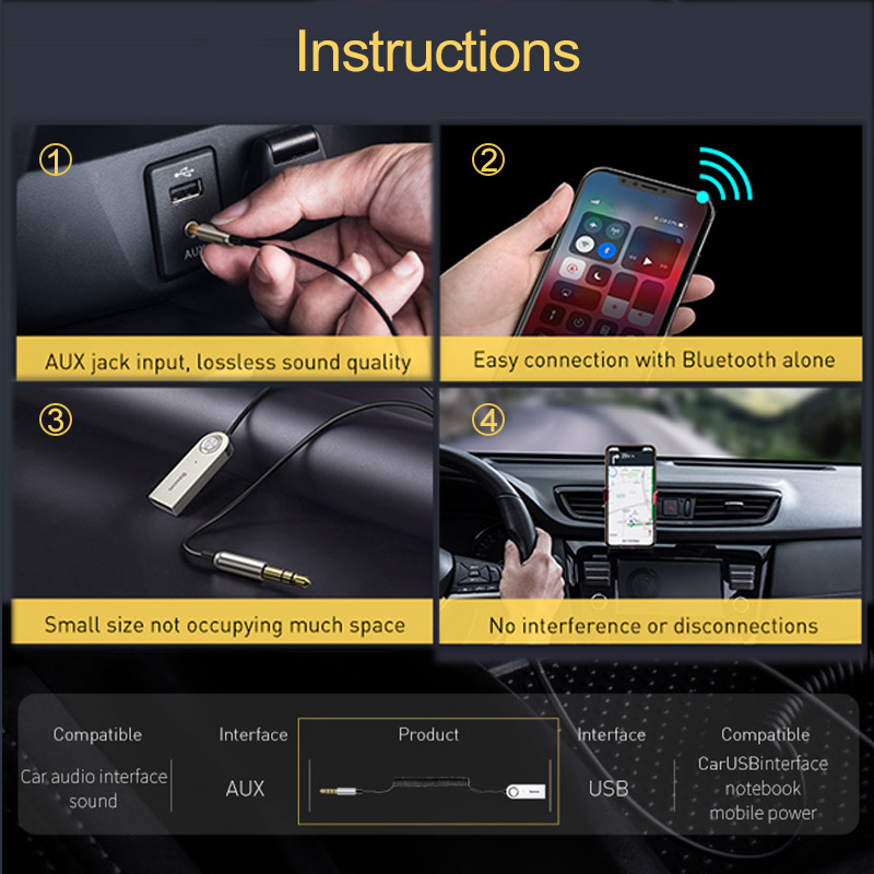 Baseus AUX Bluetooth Adapter Car 3.5mm Jack Dongle Cable Handfree Car Kit  Audio Transmitter Auto Bluetooth 5.0 Receiver - 江海電腦