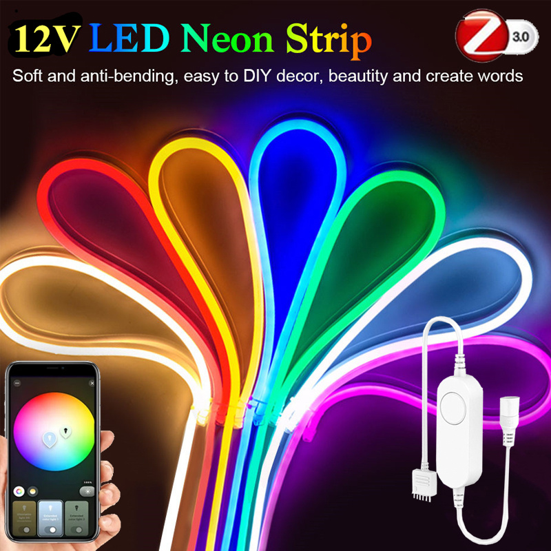 12V Neon RGB LED Strip Zigbee 3.0 Smart Control Dimmable Backlight Solf  Tape Lamp Room Cabinet Light Tuya Zigbee for Alexa H-U-E - HAPPY521