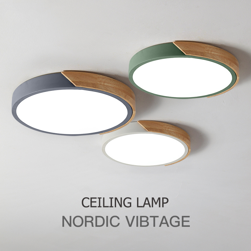 LED Ceiling Lights Modern Nordic Round Lamp Wooden Home Living Room Bedroom  Lustre Lamp Mounted Lighting Fixture Remote Control - HAPPY521