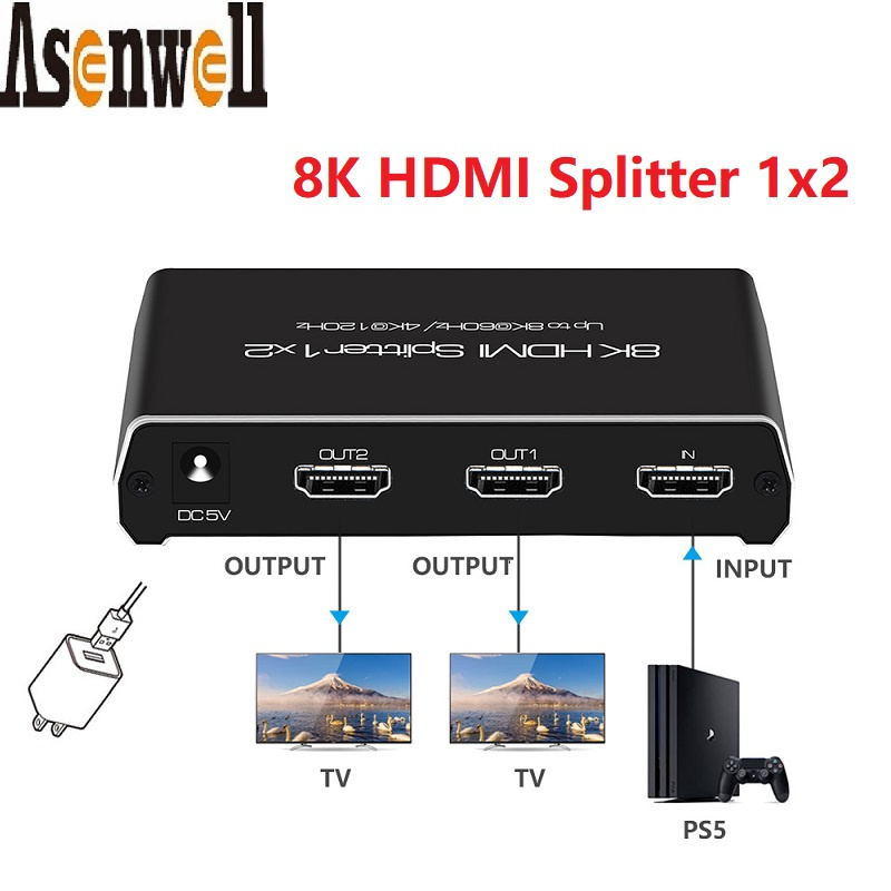 HDMI Splitter 1x2 4K 120Hz 8K 60Hz HDMI 2.1 Splitter Converter 1 In 2 Out  HDCP 2.2 UHD HLG HDR 7680x4320P for 8KT - HAPPY521