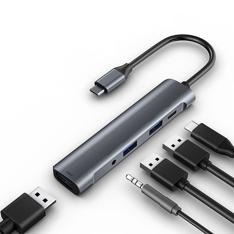 5 In 1 USB-C Hub Adapter, 3.5Mm Audio Jack USB 2.0 3.0 Type C 60W PD  Docking Station For Laptop Desktop,QC521 - LUCAS 商品總匯