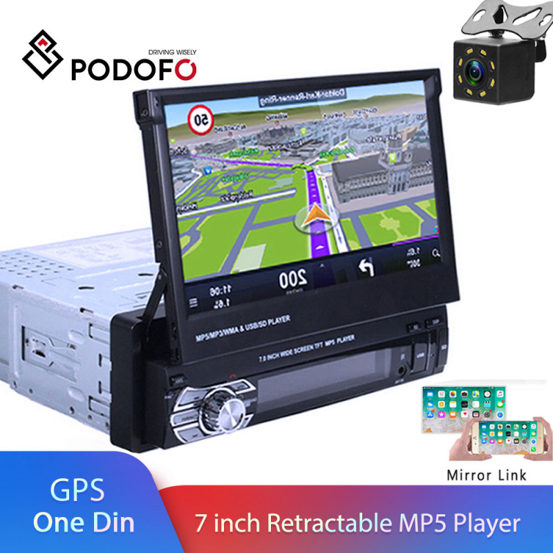 Podofo One din Car radio MP5 Player GPS Navigation Multimedia car audio  stereo Bluetooth 7 HD Retractable Autoradio AUX-IN FM - 支持電子消費券