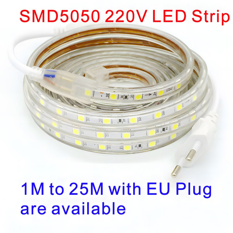 SMD 5050 AC 220V LED Strip with EU Plug Waterproof LED Strip Light 220 V LED  Strip 220V LED Tape White 3m 5m 10m 15m LED Ribbon - LUCAS 商品總匯