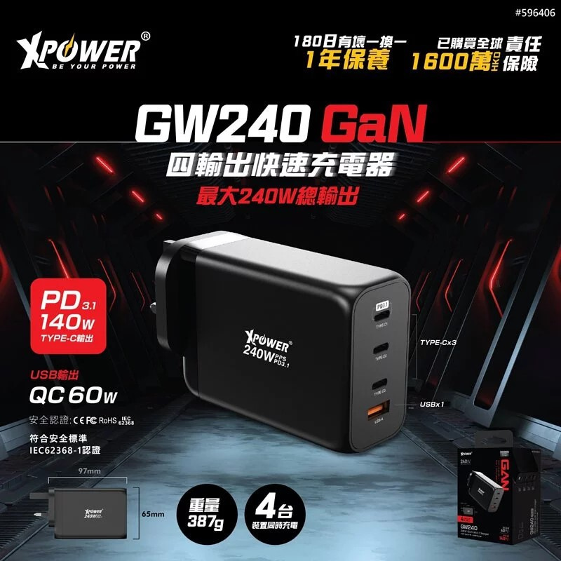 XPower 240W PD 3.1 GaN 4輸出智能充電器 [GW240]